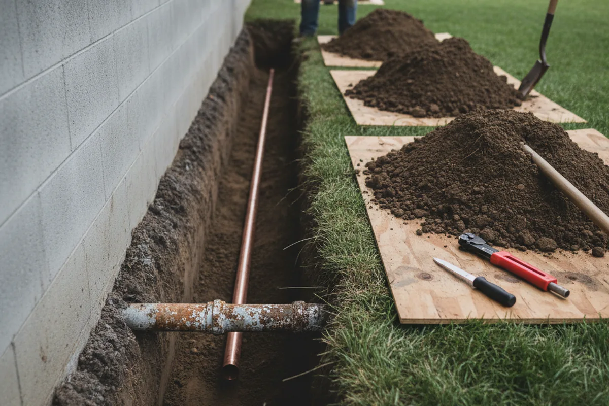 Excavated water line trench during Sewer Line Repair in Schodack Landing